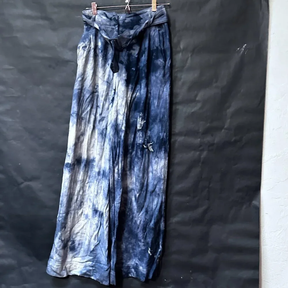 H&M Tie Dyed Cotton Black Pants Blue Size 8  Wide Legged Trousers Slacks Cotton